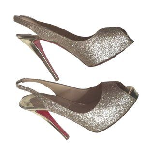 Christian Louboutin Gold Glittter Platform Slingback Sandals Size 37.5 / US 7.5